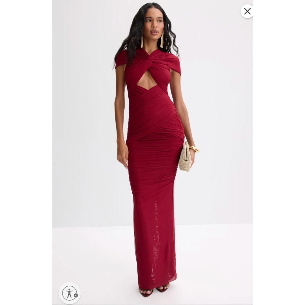 Ronny Kobo Nasha Maxi Dress Red Ruched Twist Front Mesh Cut Out Womens Sz XS